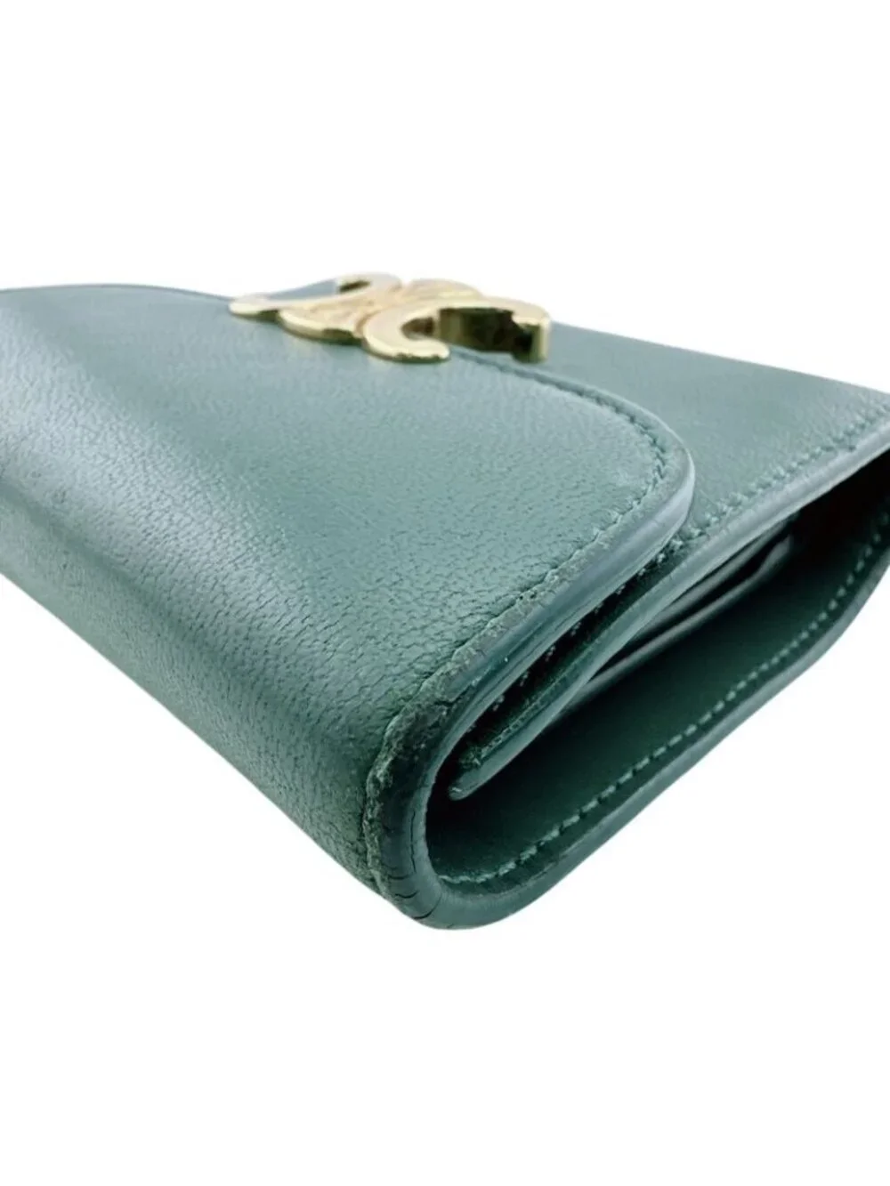 Celine Compact Wallet Small Flap Triomphe Leather Trifold Green - Picture 6 of 8